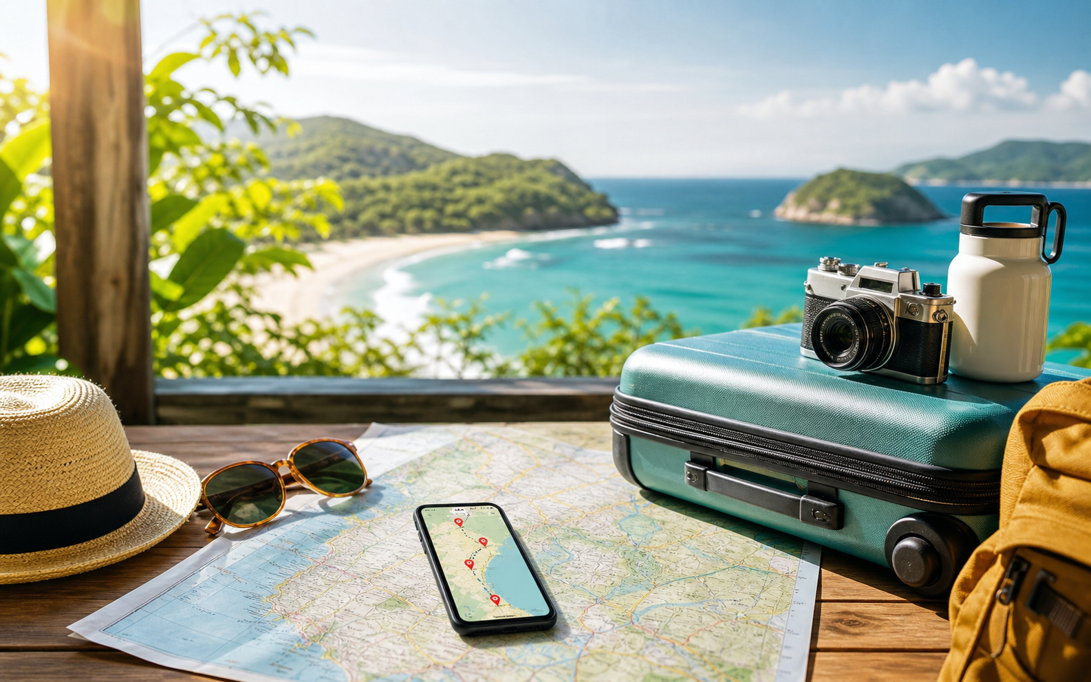 Mala, mapa, câmera e praia ao fundo para planejamento de viagem
