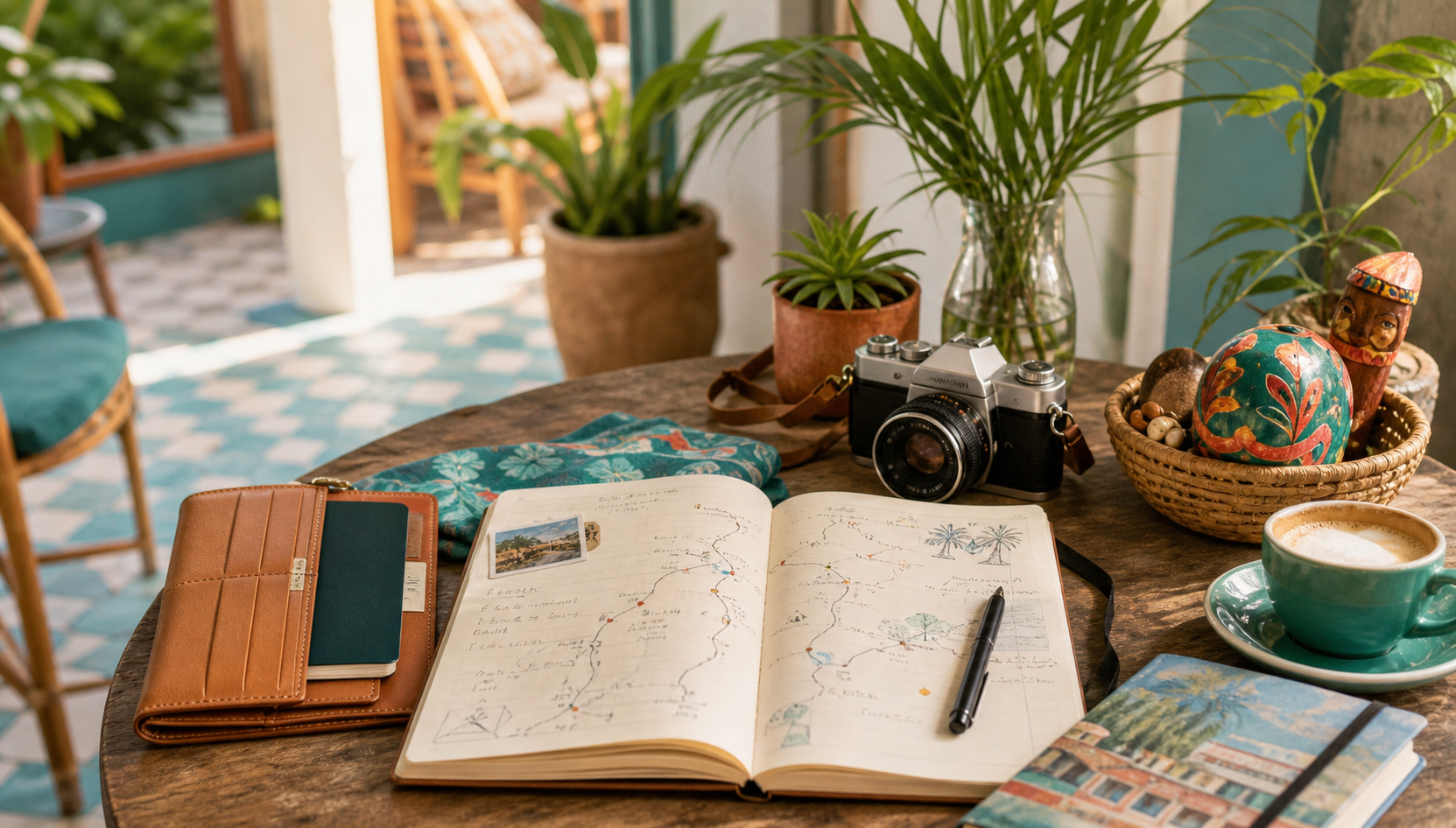 Caderno de roteiro, câmera e objetos de viagem em uma mesa iluminada
